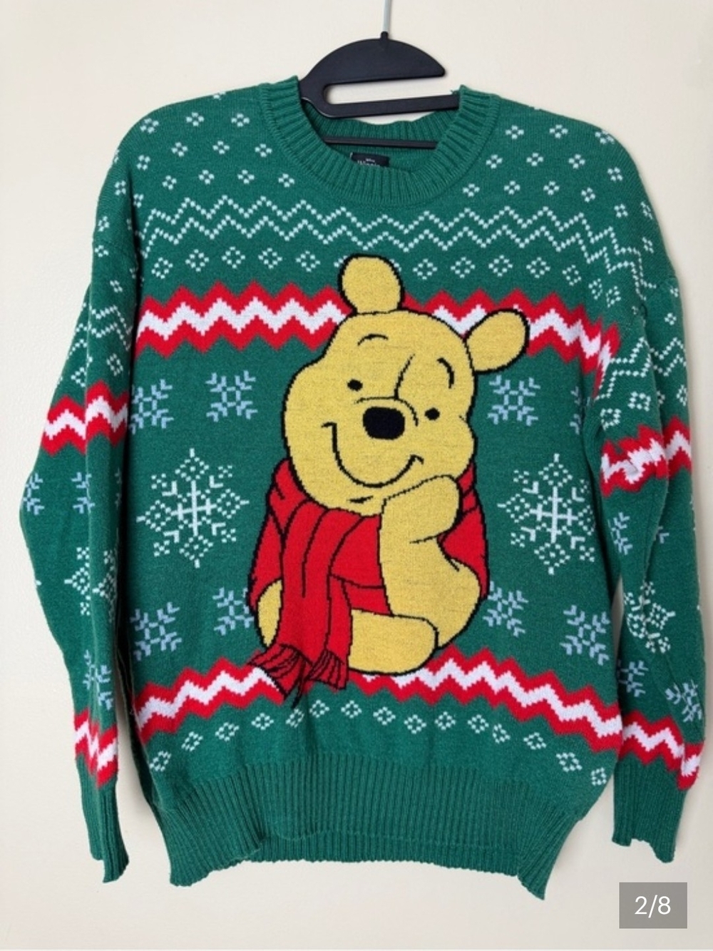 Disney Green Winnie the Pooh Crewneck Sweater with Red Scarf Graphic